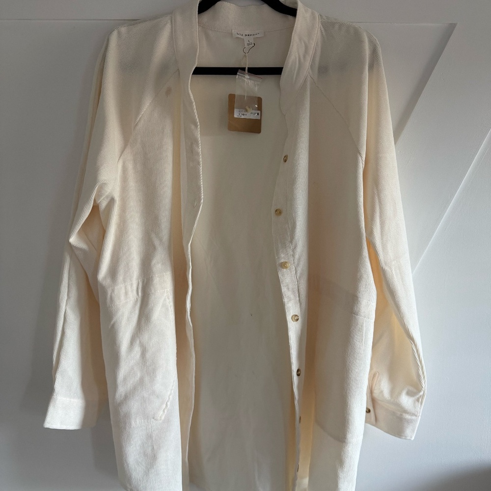 NWT! BLU PEPPER CORDUROY SHIRT, DRESS - CREAM - LONG - SZ. LARGE